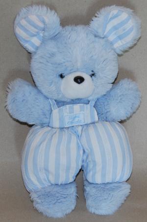 Peluche ours souris bleu et blanc salopette tissu rayé - grand modèle Tartine et Chocolat, Vintage