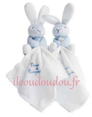 Les Toudoux Doudou mouchoir lapin bleu blanc